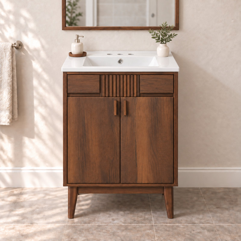 Meuble-lavabo simple 24 po Mid-Century avec lavabo en céramique, portes à fermeture douce et pieds en bois massif, 24"