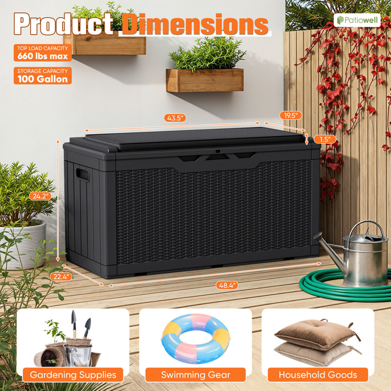 100 Gallons Water Resistant Resin Lockable Deck Box with Cushion, Black