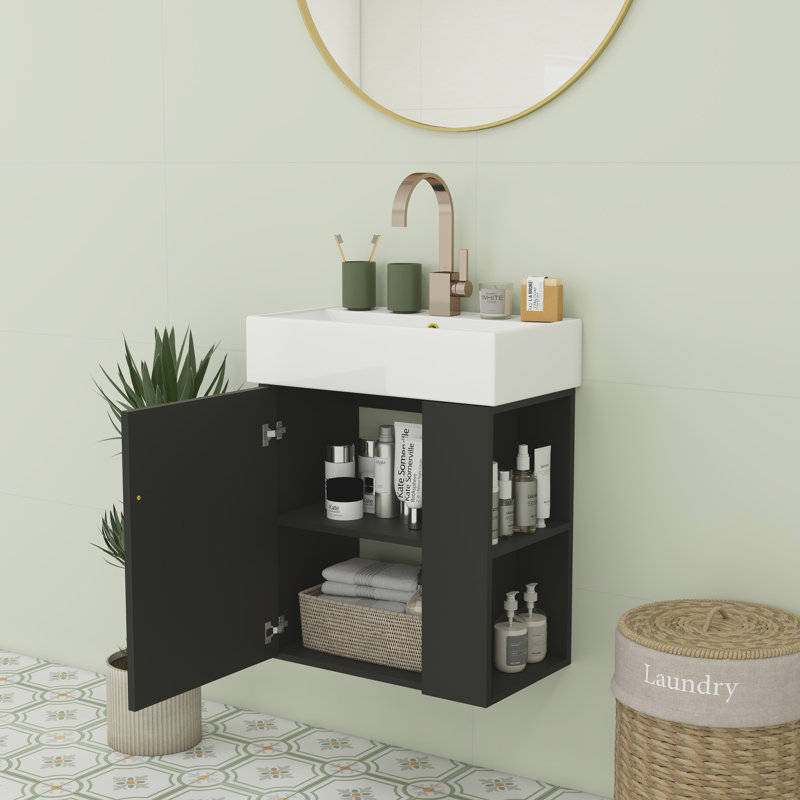 Meuble-lavabo flottant 21,6 po avec lavabo en céramique, Noir