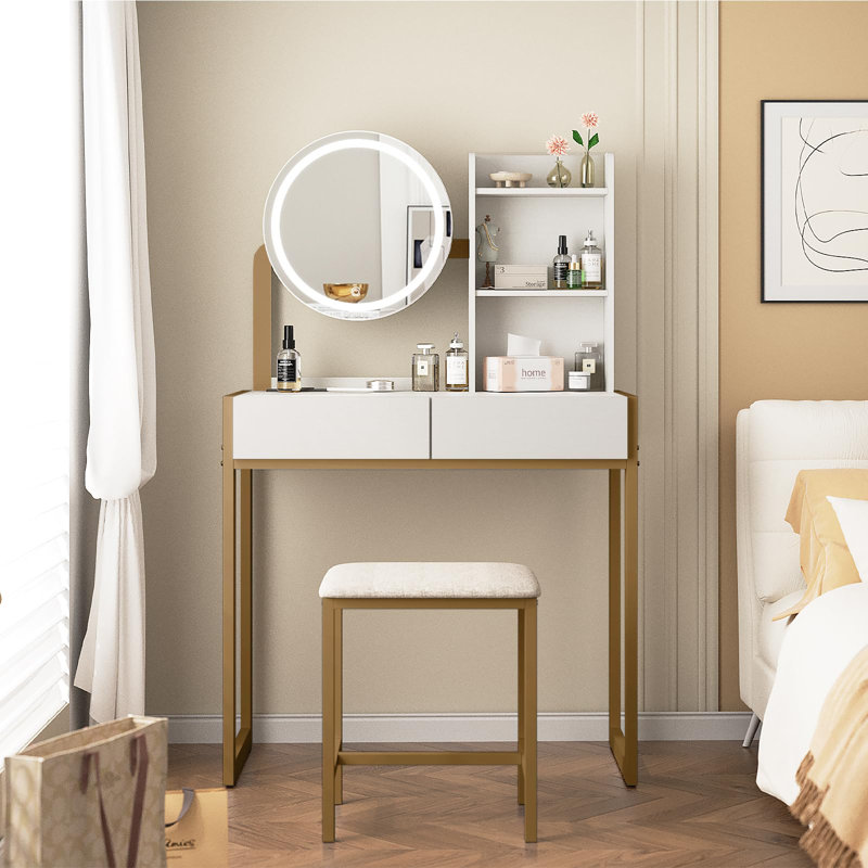 Ensemble de meuble-lavabo compact 31,5 "avec miroir lumineux à DEL et prise de courant, blanc / or, Doré