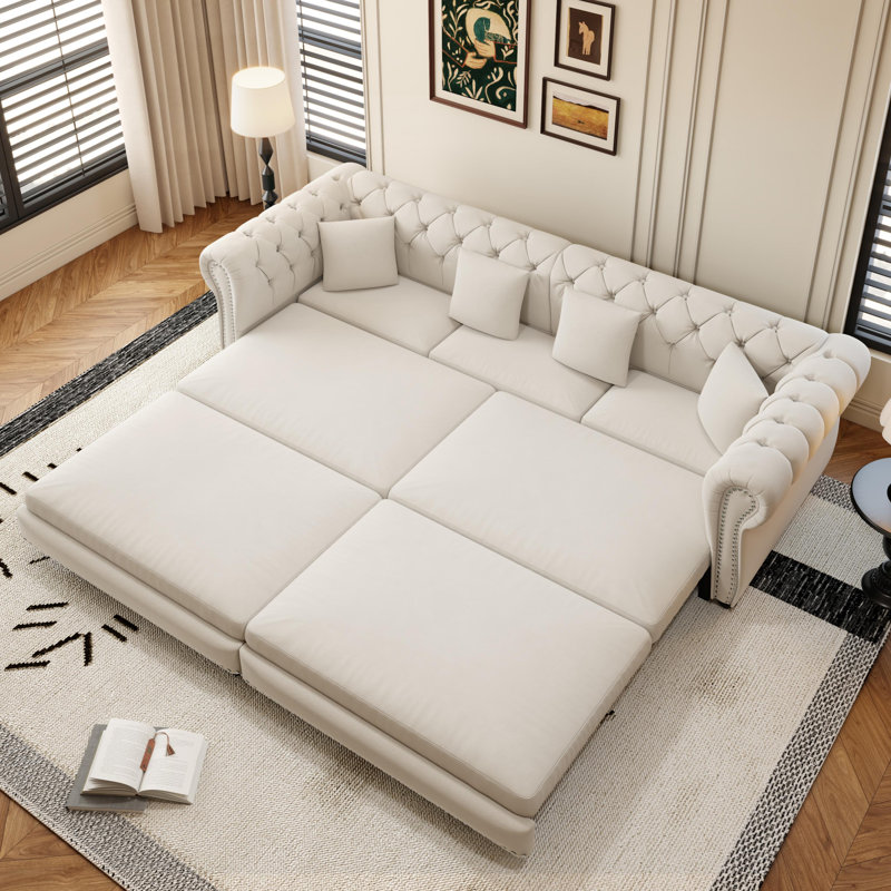 89" King Size Pull Out Sofa Bed 3-in-1 Convertible Velvet Chesterfield Sleeper Couch, Beige