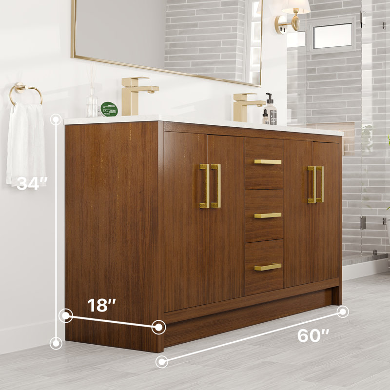 Ilsa 60"W X 18"D Double Sink Bathroom Vanity With White Carrara Quartz Countertop And Undermount Porcelain Sinks, Walnut