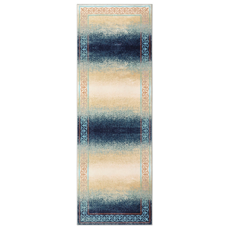 Machine Washable Rugs Bordered Design Modern Non-Slip Low Pile Rubber Backing Ombre Area Rug for Living Room Bedroom Kitchen Dining Room