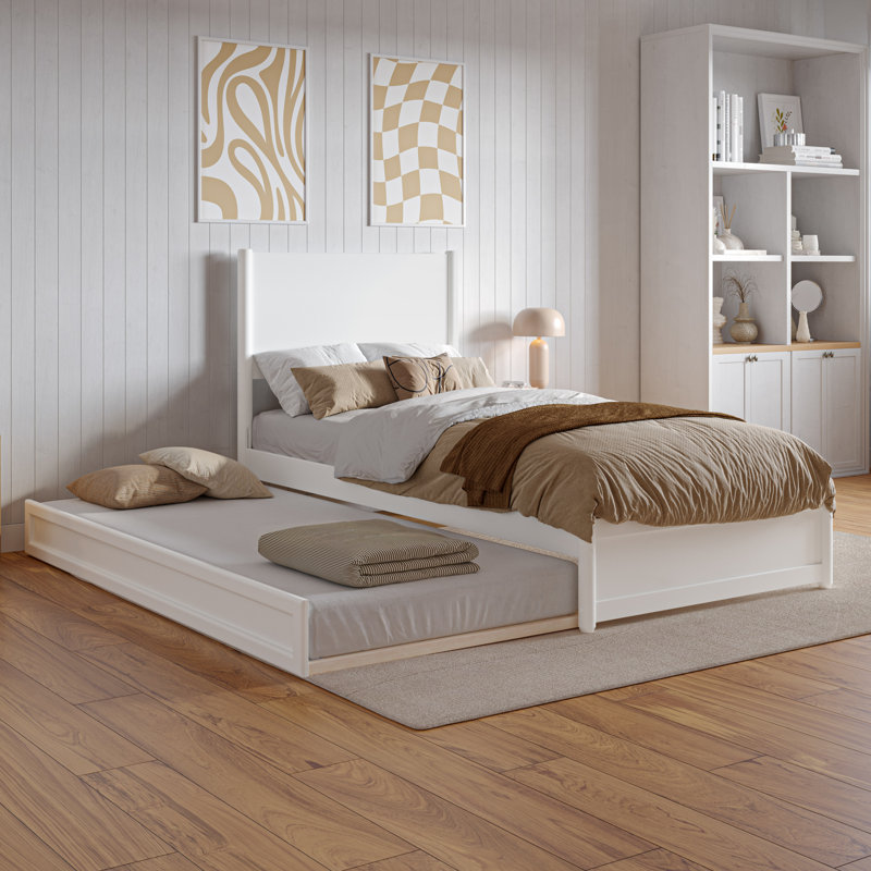  Ronan Wood Platform Bed with Footboard and Trundle, White, Twin XL