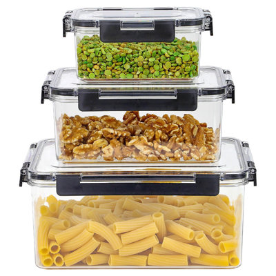 3Pc Plastic Food Storage Container Set – Clear/Black Stackable Boxes With Leak-Proof Lids, Rubber Gasket Seal & Snap Clips – Airtight Meal Prep Containers – Small, Medium, Large
