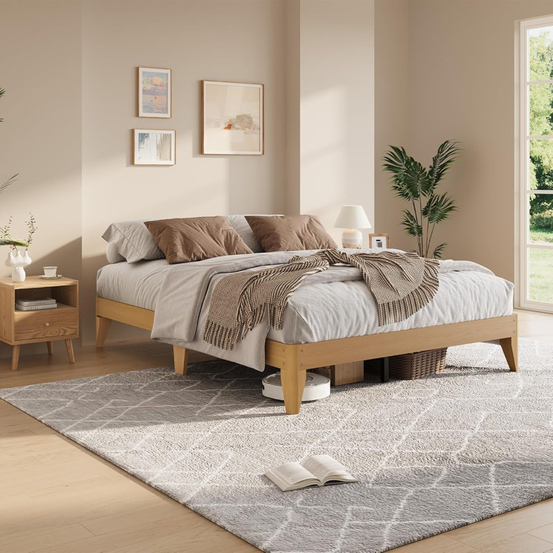 Structure de lit plateforme en bois pleine grandeur, pieds et support en lattes de bois, structure centrale en métal robuste, aucun sommier requis, assemblage facile, bois naturel