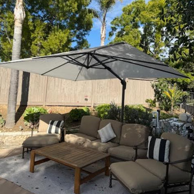 9' x 11.5' Rectangular Large Cantilever Outdoor Aluminum Offset White Umbrella with Base and 360-degree Rotation