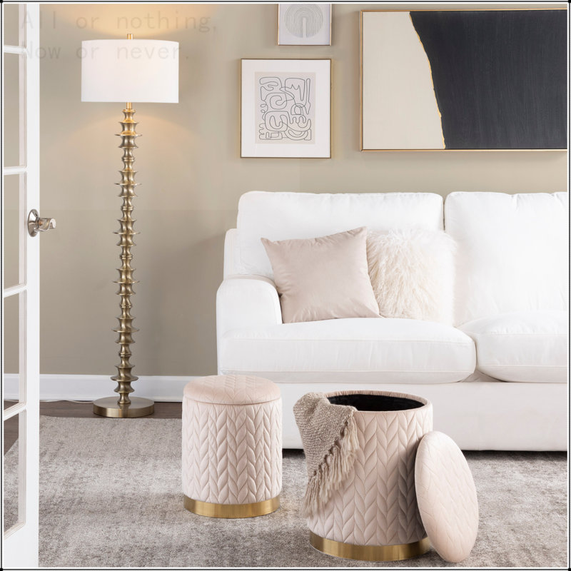 Quilted Ottoman Set in Gold Metal and Cream Velvet