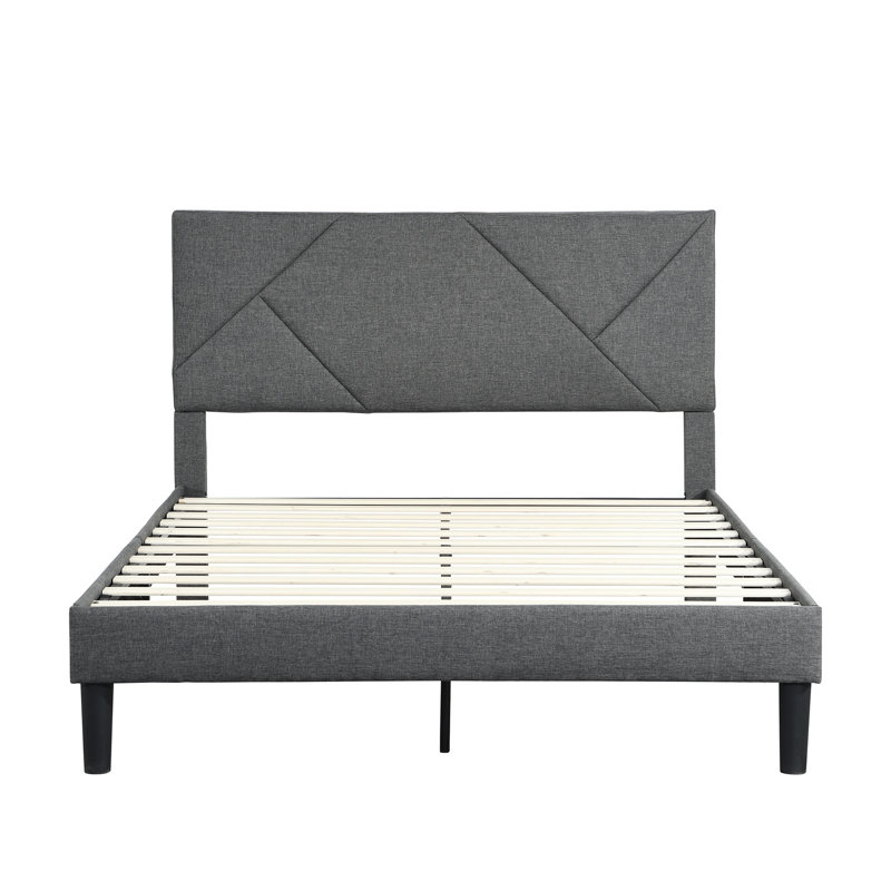 Grand lit plateforme gris avec tête de lit tapissier - Sommier à lattes en bois massif sans sommier tapissier Assemblage facile Taille et chemin d'accès