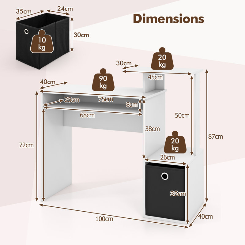Space-Saving Computer Desk With Open Shelf And Fabric Storage Drawer, White