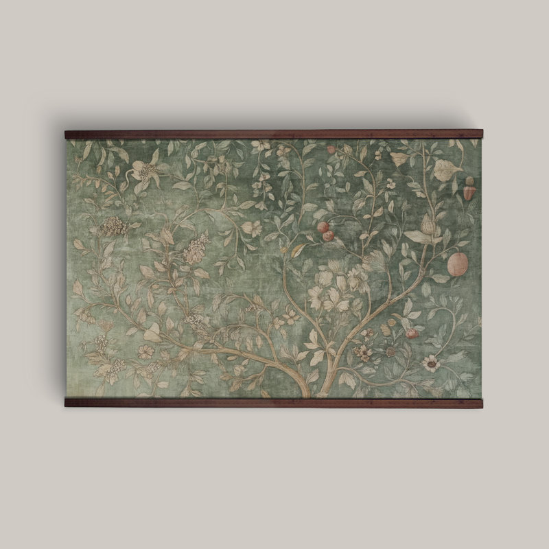 Vintage Botanical Wall Tapestry in Sage Green – Nature-Inspired Floral Art with Wood Hanger, 45" H x 73" W