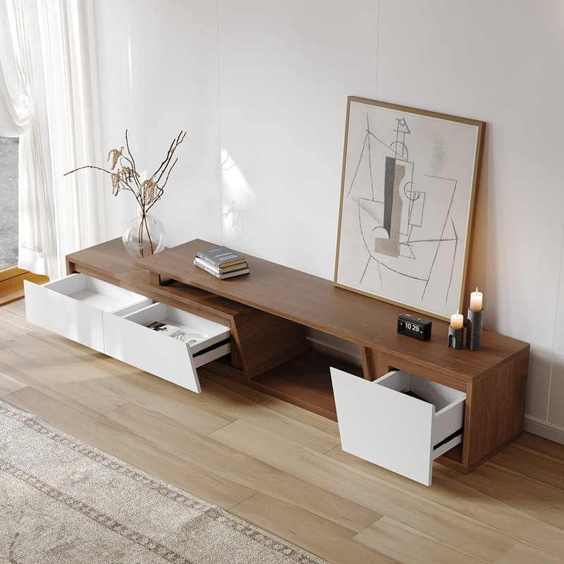 Extendable TV Stand with 3 Storage Drawers, Fits Living Room or Bedroom, Brown/White