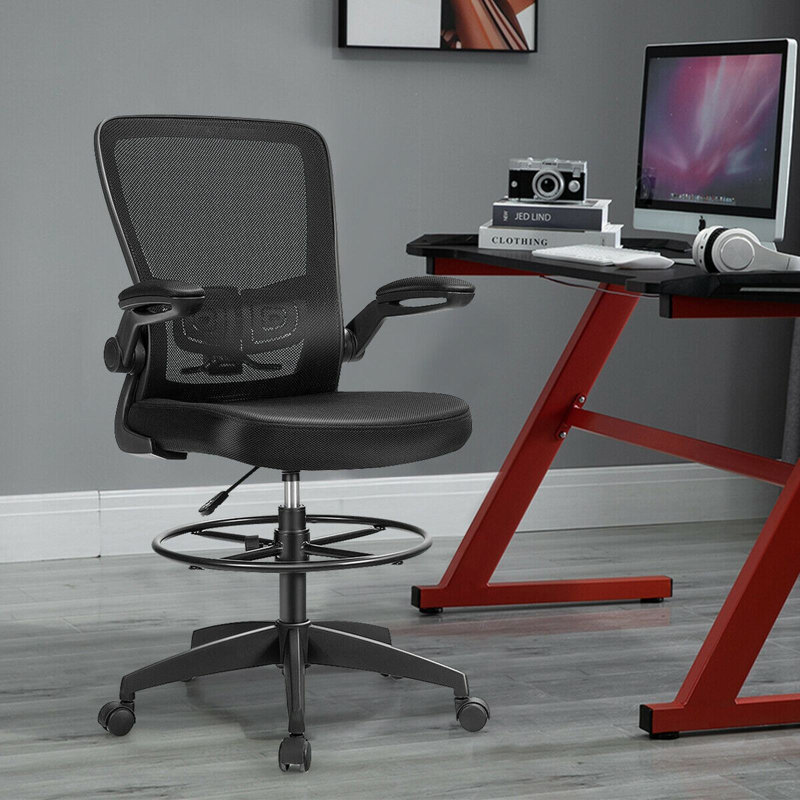 Chaise de dessinateur en maille ajustable en hauteur avec accoudoirs rabattables, noir
