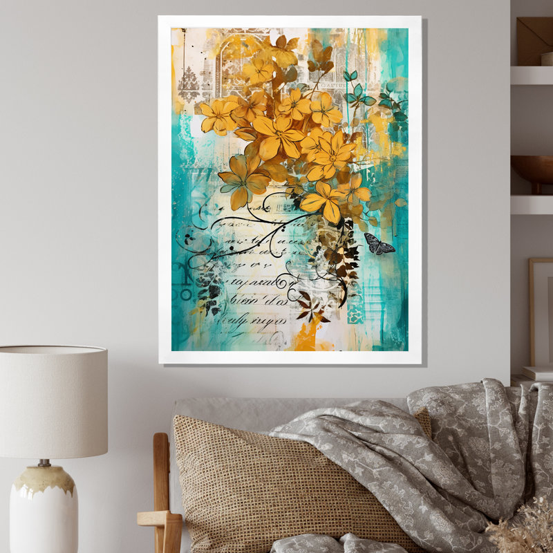 Fleurs jaunes sur turquoise, H 32 po x l 24 po x P 1 po, Cadre photo blanc