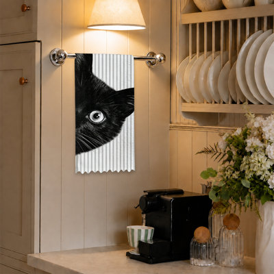  Microfiber Kitchen Towels, Absorbent Reusable Dish Cloths, Fade Resistant Decorative,16"x24",Cute black cat stripes