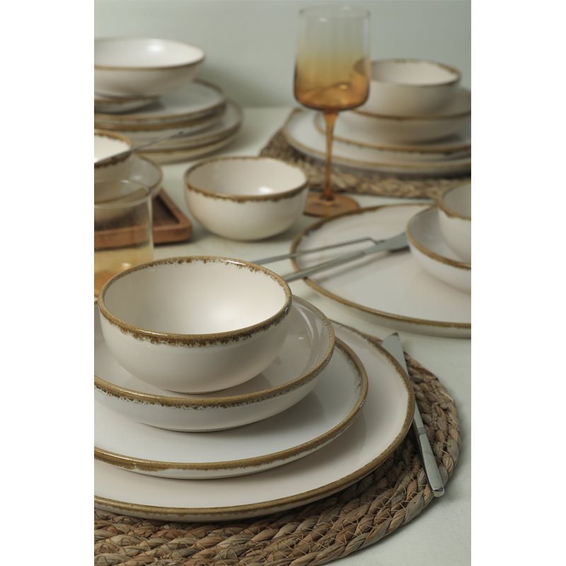 24-Piece Ceramic Dinner Set, Cream Color | 100% Ceramic, Antibacterial, Eco-Friendly | Includes 6 Bowls (4.7 in, 13.5 oz), 6 Dessert Plates (8.7 in), 6 Dinner Plates (7.1 in), 6 Service Plates (11 in) | Easy Cleaning, Dishwasher Safe up to 122°F