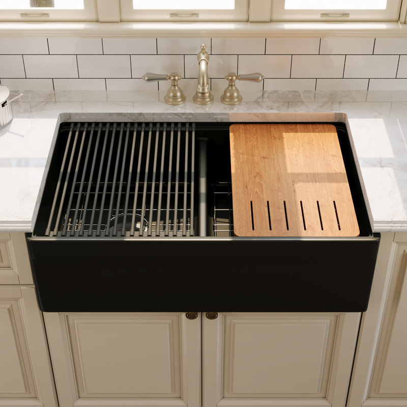Évier de cuisine à double cuve en argile réfractaire blanche 33 po x l 20 po avec planche à découper et support pour sécher la vaisselle