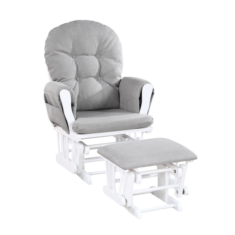 Fauteuil coulissant Mason et en bois gris avec tissu, glissade en douceur, coussin de dossier, rangement sur les poches latérales, coin paisible à huître blanche arquée, capitonnage à boutons silencieux, poche, design