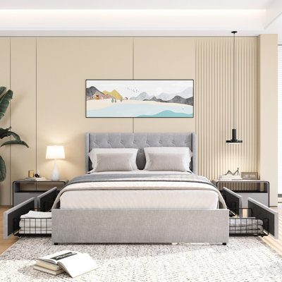 Grand lit plateforme avec rangement à 4 tiroirs et tête de lit à oreilles chic, tiroirs gris contemporain