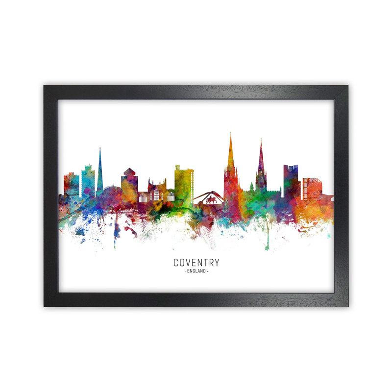 Coventry England Skyline by Michael Tompsett - Print, 46cm H x 63cm W x 3cm D, Black Framed
