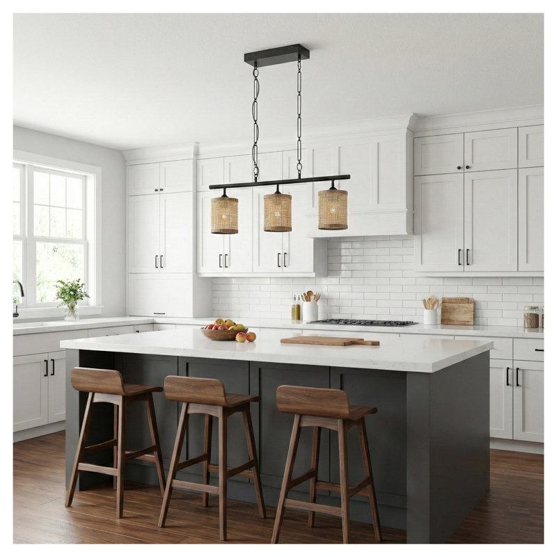Elysian 3-Light Farmhouse Island Light with Natural Rattan Shades and Black Metal Frame