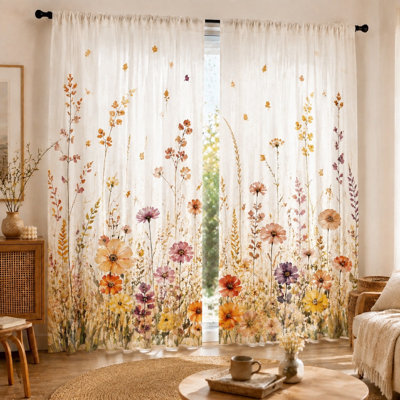 2 pièces de rideaux à motif de fleurs sauvages rétro avec effet aquarelle, style rustique, thème bohème, panneaux de fenêtre décoratifs pour salon, chambre à coucher, salle à manger, cuisine, rideaux filtrant la lumière, œillets suspendus