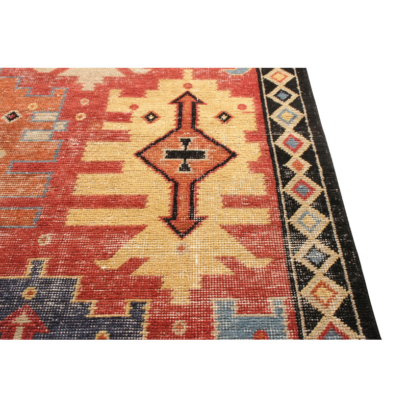 Distressed Homage Hand Knotted Wool Geometric Area Rug in Blue, Beige, Black, Red, Rectangle 10' x 14'