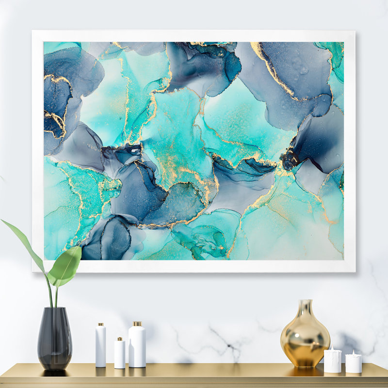 Turquoise de luxe abstrait, art fluide IV - peinture sur toile, H 34 po x l 44 po x P 1,5 po, Cadre photo blanc