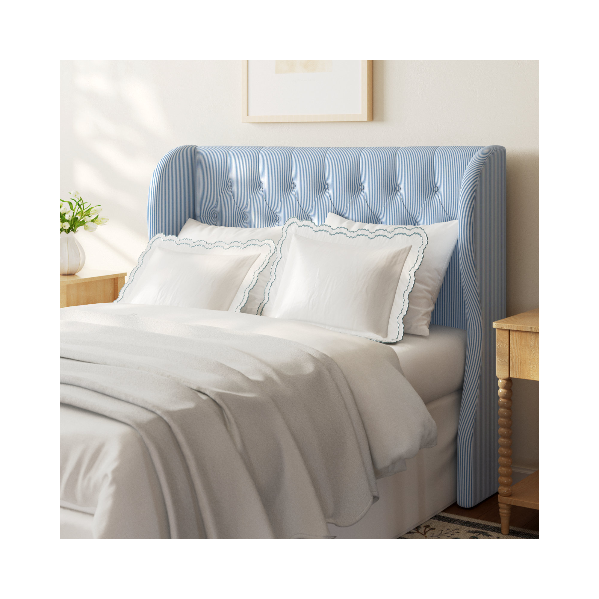 Tomey Wingback Headboard, Prep Stripe Blue, Queen