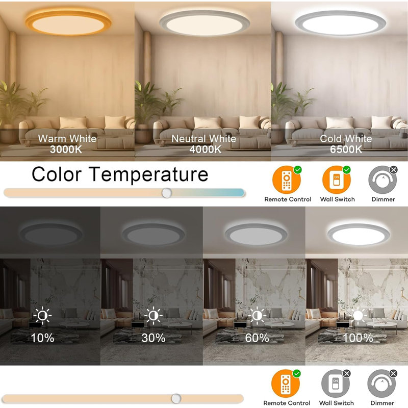 30W RGB Dimmable LED Flush Mount Ceiling Light With Remote Control, 3000-6500K CCT, Modern Design