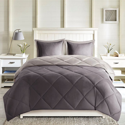 Édredon très grand lit, 2 taies décoratives, gris, literie matelassée en duvet synthétique lavable à la machine, gris