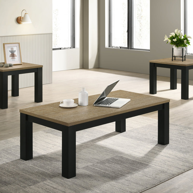 Ensemble de table de salon 3 pièces avec plateau en bois, table basse rectangulaire et tables de bout carrées, élégant et fonctionnel