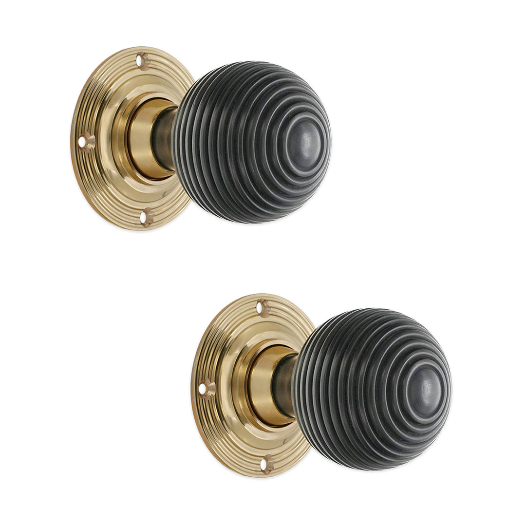 Ebony Beehive Rim/Mortice Door Knob Polished Brass