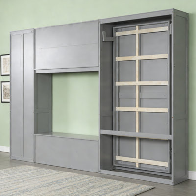 Twin Size Wooden Murphy Bed With TV Stand, 2 Drawers, Shelves, And Cabinets