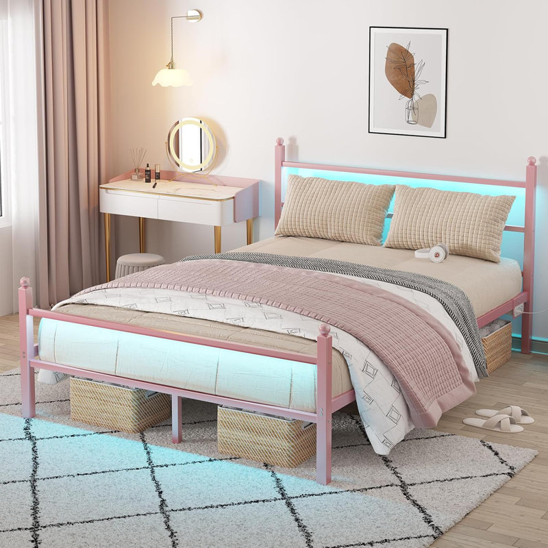 Bed Frame With Headboard And Footboard,heavy Duty Steel Slats Support Metal Bed Frame With Charging Station,, Full, Pink