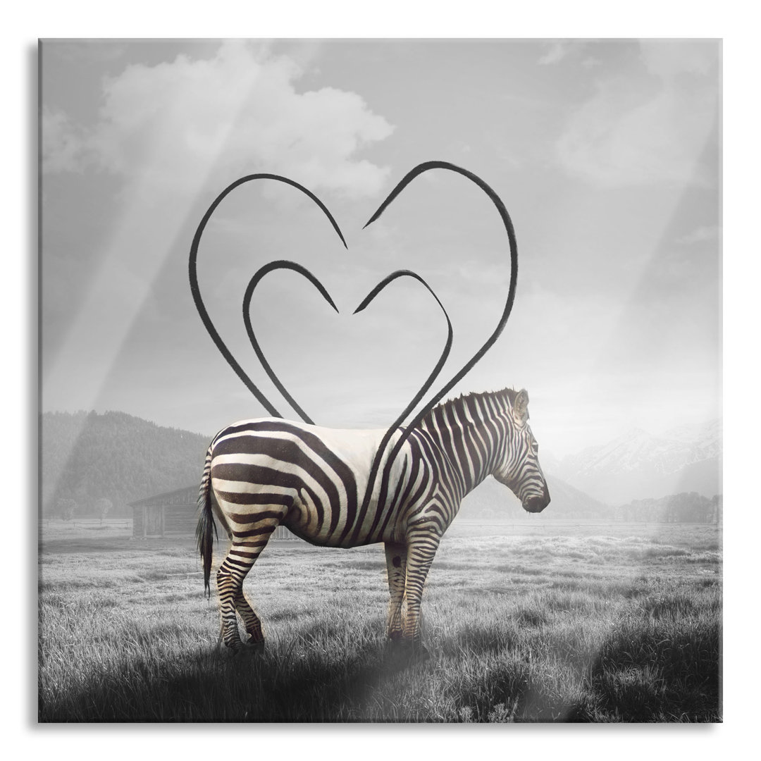 Glasbild Zebra mit Herzbotschaft in der Savanne