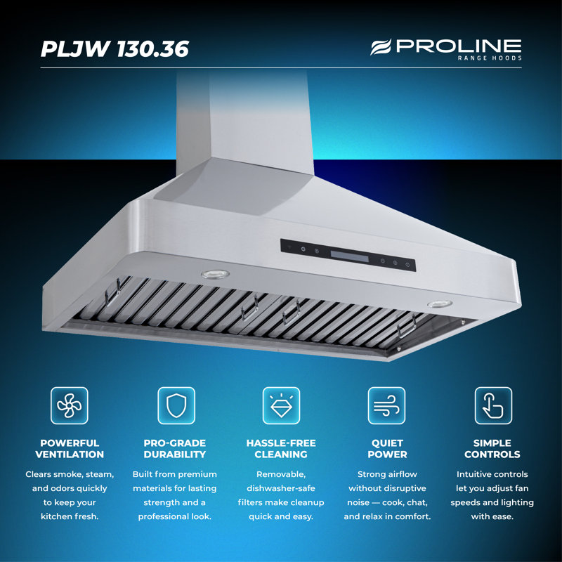  PROLINE 36-Inch Professional Wall Hood, Hood Range Hood, Commercial Quality, Ducted, 900 CFM, Stainless Steel, LED Lights, LCD Touch Control, ULTRA-QUIET Blower Motor, 4 Speed