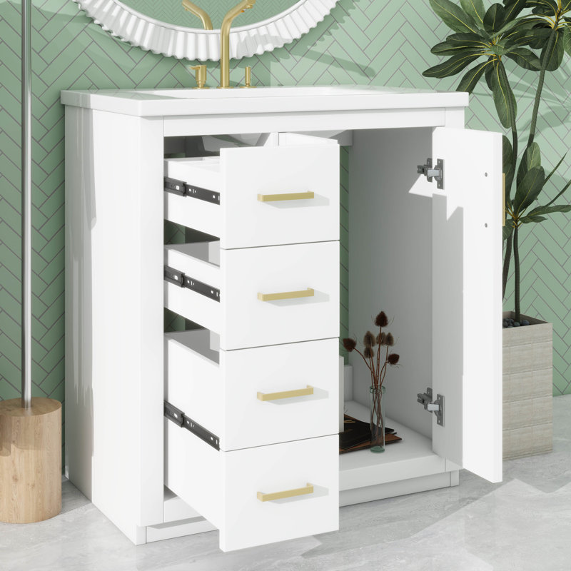 Meuble-lavabo de 30 po avec lavabo en céramique, armoire de rangement moderne à 3 tiroirs et 2 portes, meuble-lavabo autoportant, fermeture en douceur
