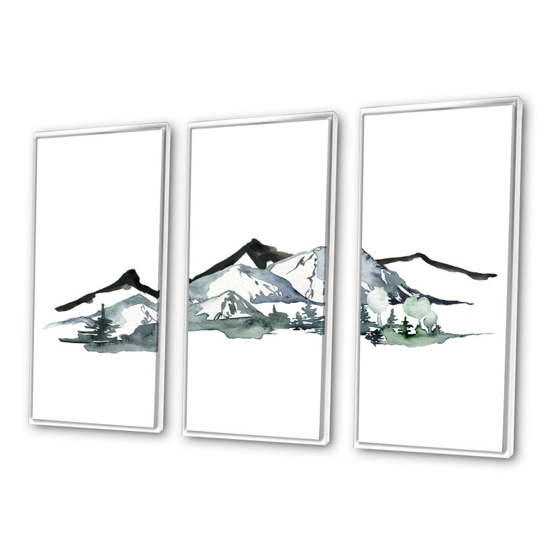 «Minimalistic Winter Mountains And Fir Forest I», peinture sur toile 3 pièces, H 28 po x l 36 po, Blanc