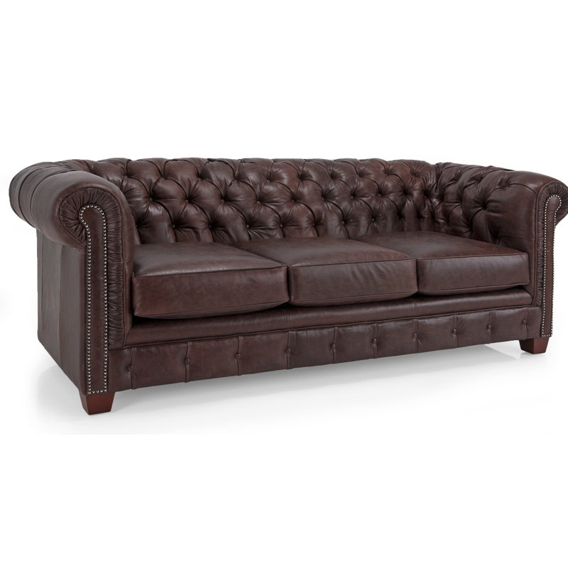 Canapé Chesterfield à accoudoirs roulés en cuir véritable de 86 po Melany, Brun ranch vieilli