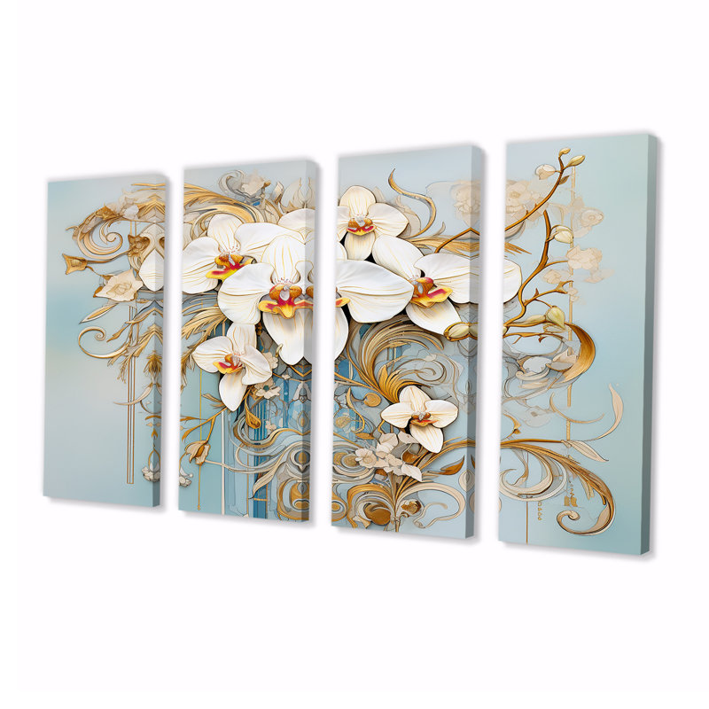 Orchidées blanches, art nouveau, feuilles d'or décoratives - art mural sur toile 4 pièces, H 32 po x l 64 po