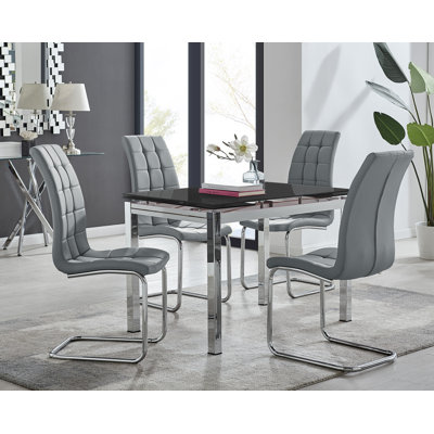 Tierra Modern Glass & Metal Extendable Dining Table Set & 4 Luxury Faux Leather Dining Chairs
