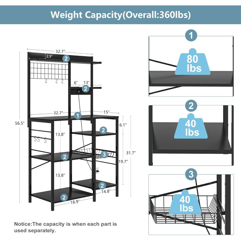 Black Kitchen Bakers Rack With Power Outlet 6 Tier Microwave Stand Storage Shelf Coffee Bar Station 8 S Hooks, Black