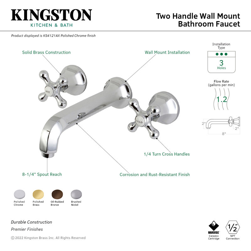 Kingston Brass Metropolitan Two-Handle 3-Hole Wall Mount Bathroom Faucet, Brushed Nickel