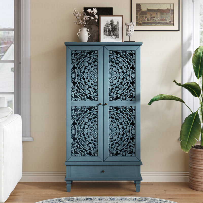 Accent Cabinet with Openwork Carving Door and Solid Wood Legs, Antique Blue