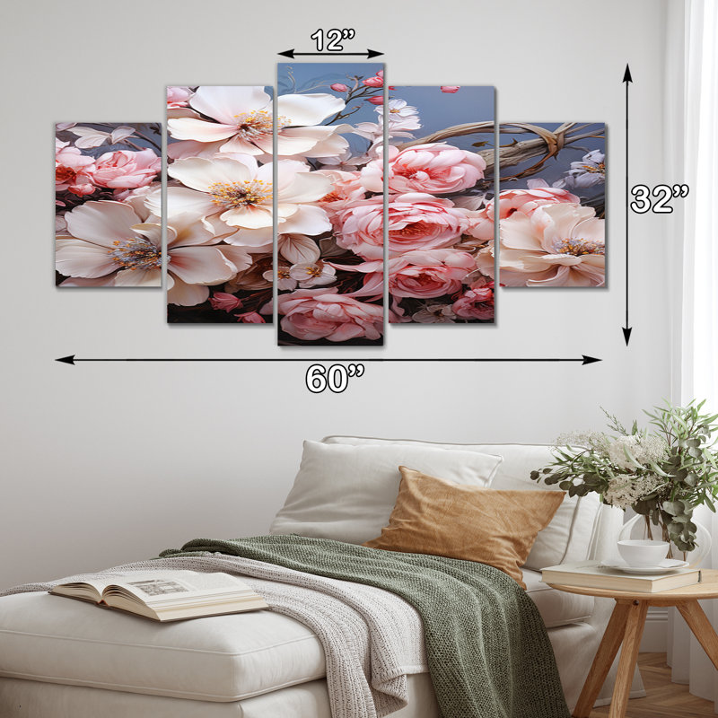 Couronne rose, impression romantique IV - art mural floral, salon - 5 panneaux