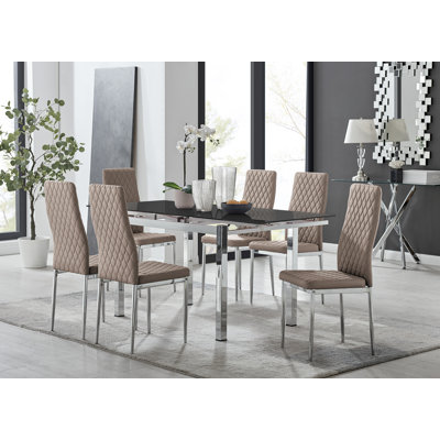 Tierra Modern Glass & Metal Extendable Dining Table Set & 6 Luxury Faux Leather Dining Chairs