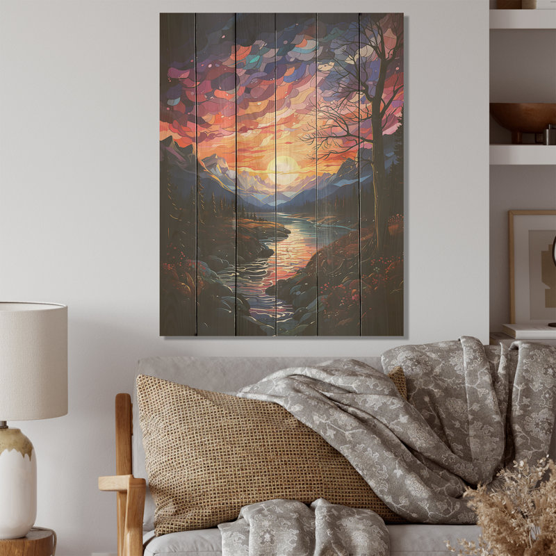 Aurore boréale, lever de soleil - aurore boréale sur bois de pin naturel, H 32 po x l 24 po