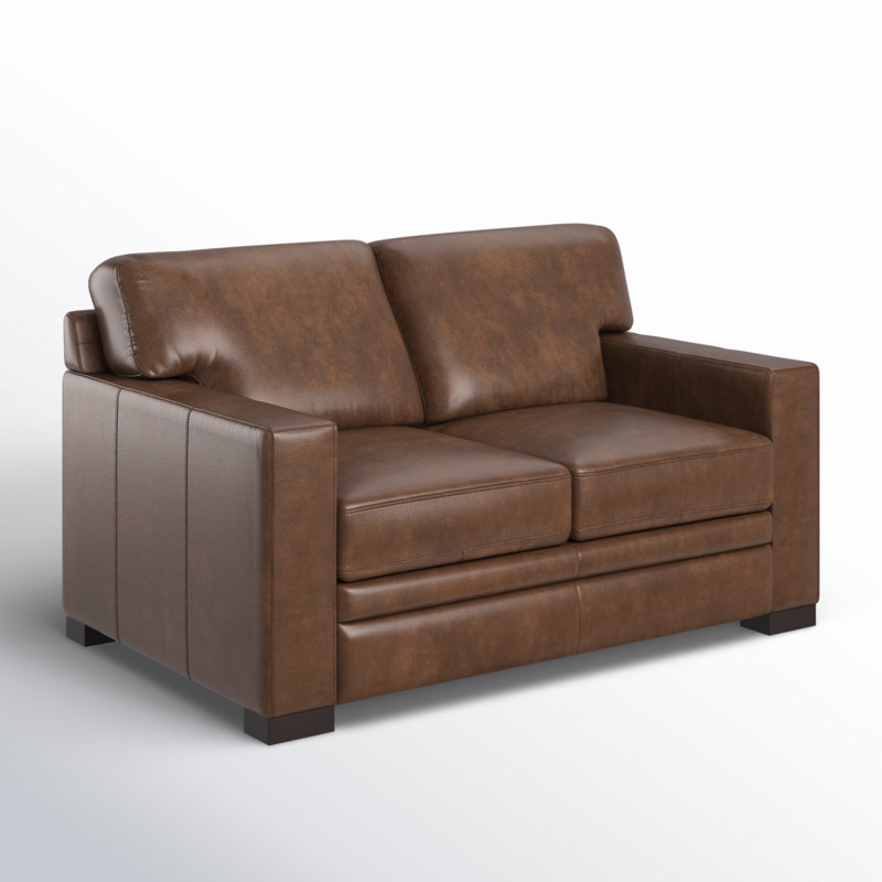 Causeuse à accoudoirs carrés en cuir véritable 60,25 po Stacie, Cuir fleur brun