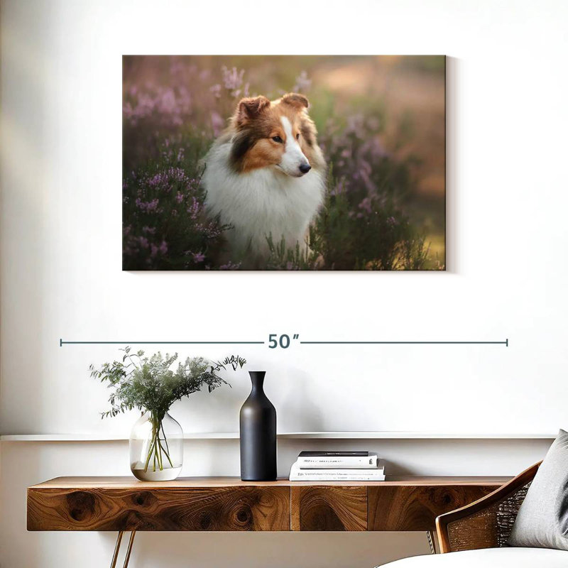 Sheltie et fleurs, H 24 po x l 36 po